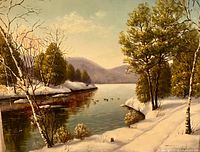 Close view of painted scene showing river, trees, snowy banks, flying ducks, clear signature area