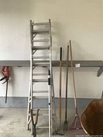 aluminum ladder, hedge trimmer on wall, assorted long-handle yard tools