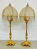 Pair of tall gilt bronze table lamps with crystal dome shades and fringe