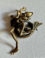 Front view of brass frog and fish brooch