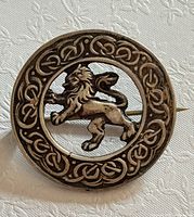 Front view showing circular brooch, Celtic knot border, rampant lion