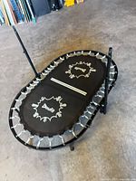 Top view of oval trampoline showing mat, springs, frame, and two vertical handle posts