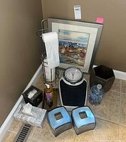 Group shot: framed print, toilet paper stand, scale, vase, refill jug