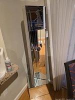 Full view of mirrored floor-standing clock showing door, weights, pendulum