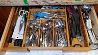 Drawer organizer showing flatware, knives, shears, utensils