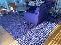 Full view of purple shag rug beneath sofa and tables