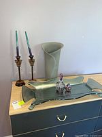 Entire lot on dresser: tray, vase, two candlesticks with candles, two perfume bottles