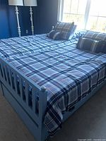 Two twin blue plaid comforters on bed