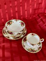 Group of plates, bowls, teacup and saucer, Old Country Roses pattern