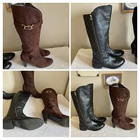 Collage showing both brown suede and black leather boots from multiple angles