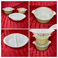 Group view of two green Pyrex casseroles with lids and white Glasbake divided dish