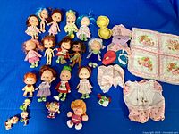 Group shot of 14 dolls, clothing pieces, pillow-blanket and minis on blue background