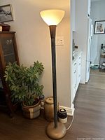 Full view of floor lamp showing glass globe shade and base