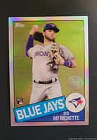 Front of Bo Bichette 2020 Topps Chrome Retro rookie card showing player image, RC logo, Blue Jays banner