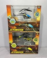 Front view of both sealed Propel Stinger helicopter boxes