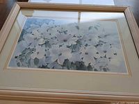 Front view of framed floral lithograph showing image, matting and frame