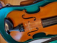 Close-up of violin body inside case showing chinrest, tailpiece, bridge and finish wear