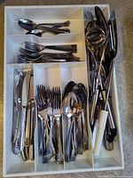 Top-down view of entire lot in tray showing assorted cutlery and utensils