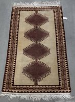 Full view of rug showing pattern, border and fringe