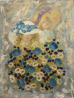 Full view of oil painting showing two girls and floral bouquet