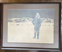 Full view of framed lithograph with explorer figure and mountain background