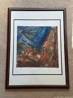 Full view of framed painting showing matting and frame