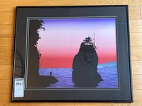 Full view of framed Roy Henry Vickers “Siwash Rock” print with matting and frame