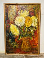Full view of framed chrysanthemum oil painting