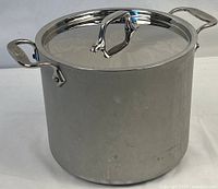 All-Clad stainless stock pot with lid, front angled view