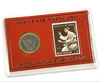 Front of souvenir card showing Pope John Paul II 500 Lire coin and 20 Lire stamp, Souvenir Vaticano label visible