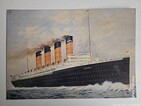 Front view of lithographed tin sign showing entire artwork and Cunard Line text