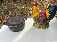 Rooster cookie jar and stoneware casserole together