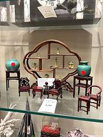 overall lot showing moon-gate shelf, vases, chairs, tables, pagodas, metal tea set