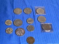 Group shot of all twelve coins on blue fabric, including two in plastic flips