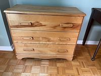 Front view of solid pine dresser with three drawers and pine pulls