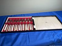 Closed case opened displaying twelve utensils in red lined interior