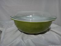 Side view of green casserole with lid