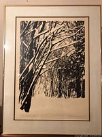 Full view of framed serigraph showing winter tree scene