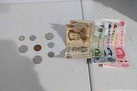 Coins and banknotes grouped