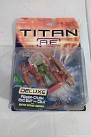 Front view of sealed Titan A.E. Power Crush Exo Suit and Cale figure in blister pack