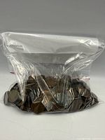 Full view of resealable bag containing mixed Canadian pennies and nickels