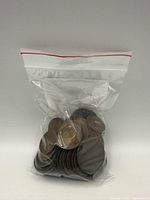 Front view of zip bag filled with coins
