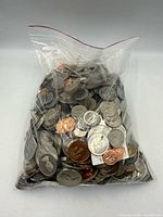 Full view of bag containing assorted Canadian coins