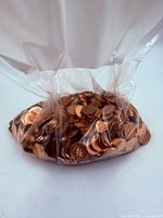 Bag filled with Canadian pennies, side view