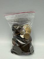 Front view of clear bag showing assorted coins