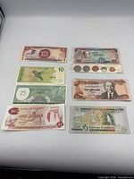 All seven banknotes and five coins laid out front side up