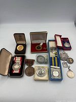 Overview of nine medals and pins with cases and ribbons