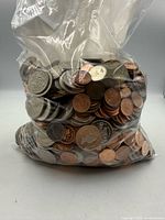 Full view of clear plastic bag packed with Canadian coins showing various denominations and colours