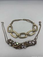 Textured oval-link necklace above rhinestone bib necklace