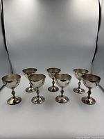 Front angled view of all seven silver-plated goblets